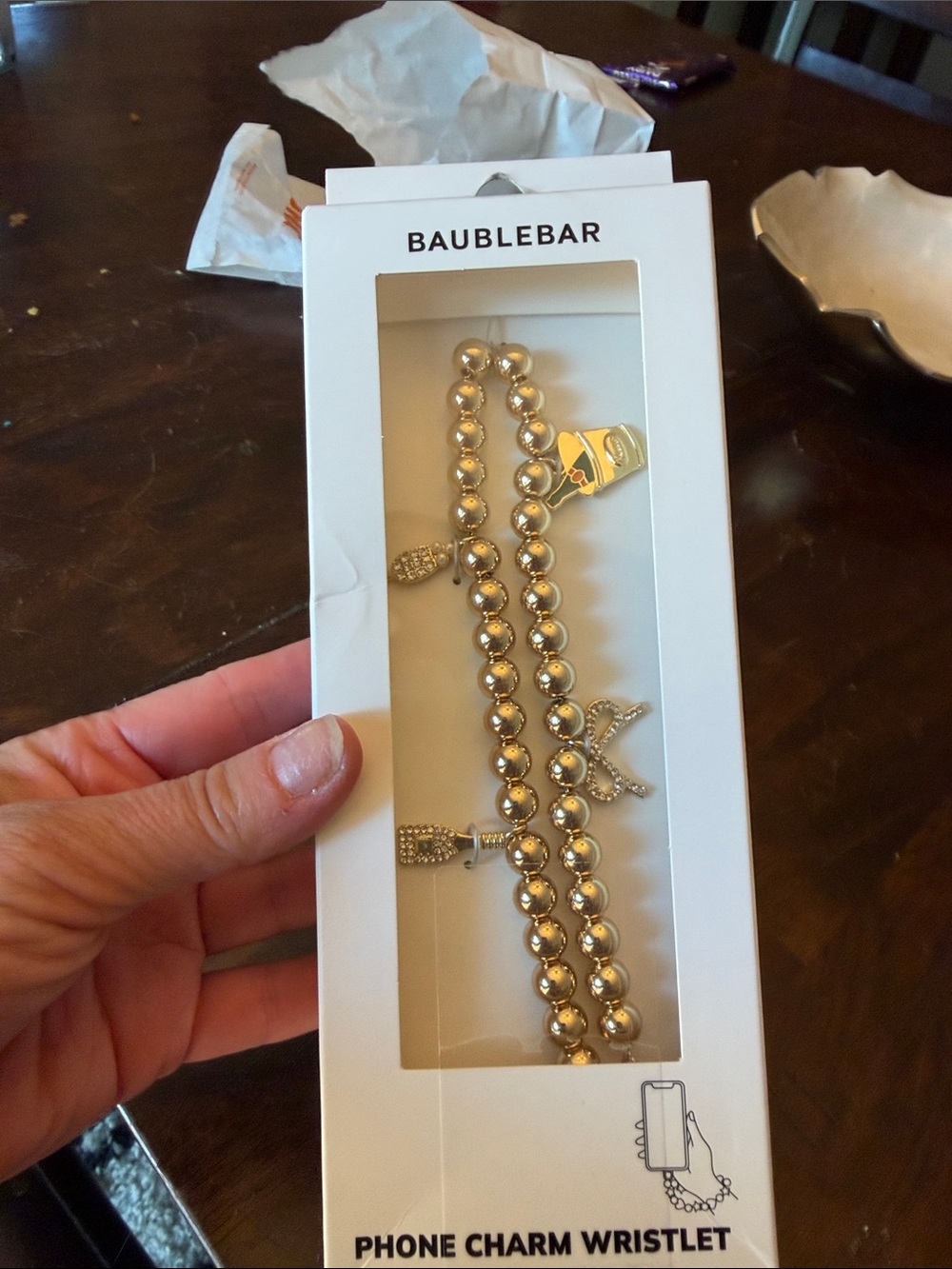 BaubleBar Gold Beaded Phone Charm Wristlet with Charms~ champagne Kiss